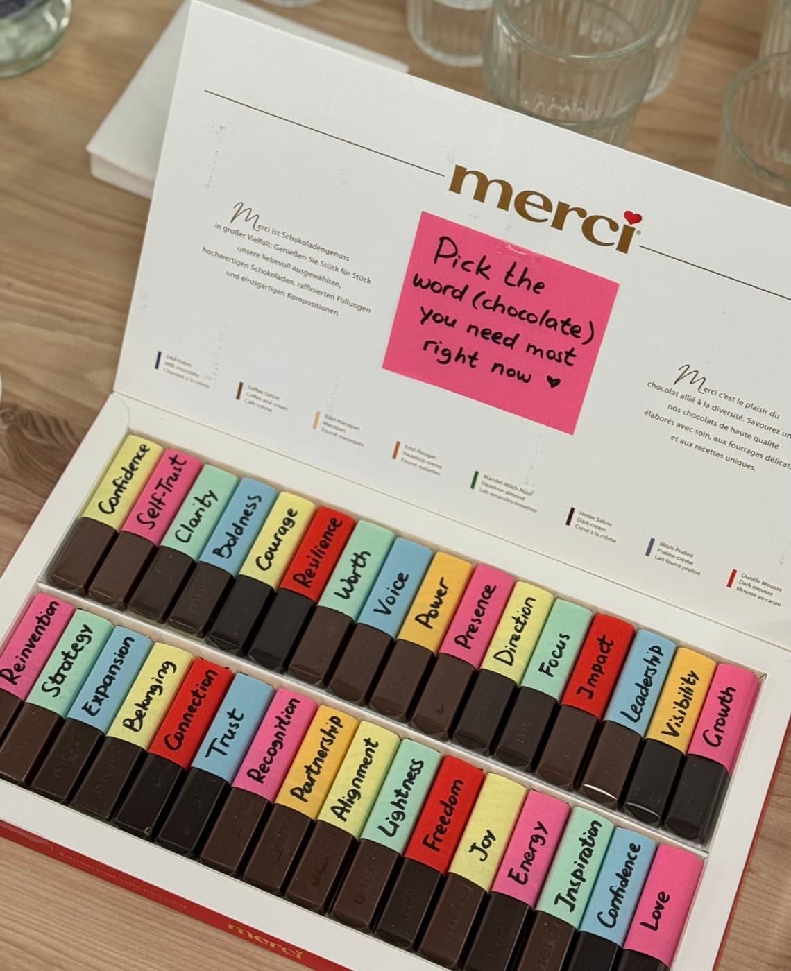 A box of chocolates each labeled with a word like Confidence, Clarity, Courage and Growth, with a note reading 'Pick the word (chocolate) you need most right now'